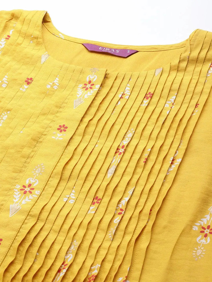 Yellow Printed Chanderi Silk Kurta - Libas