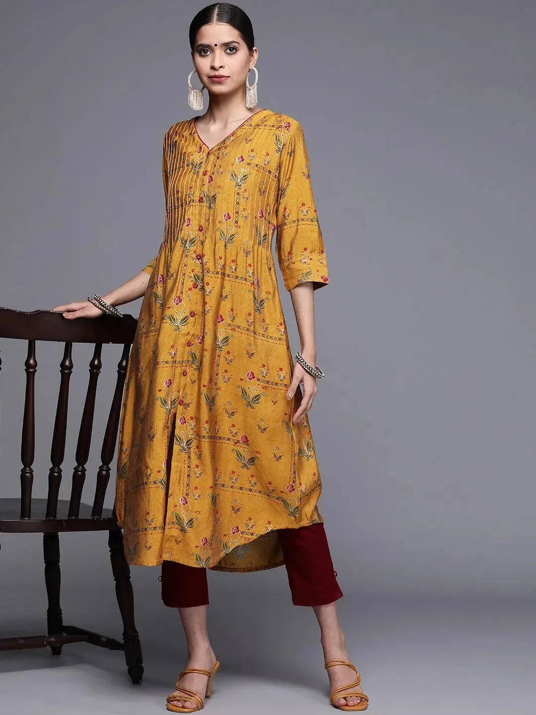 Yellow Printed Chanderi Silk Kurta - Libas