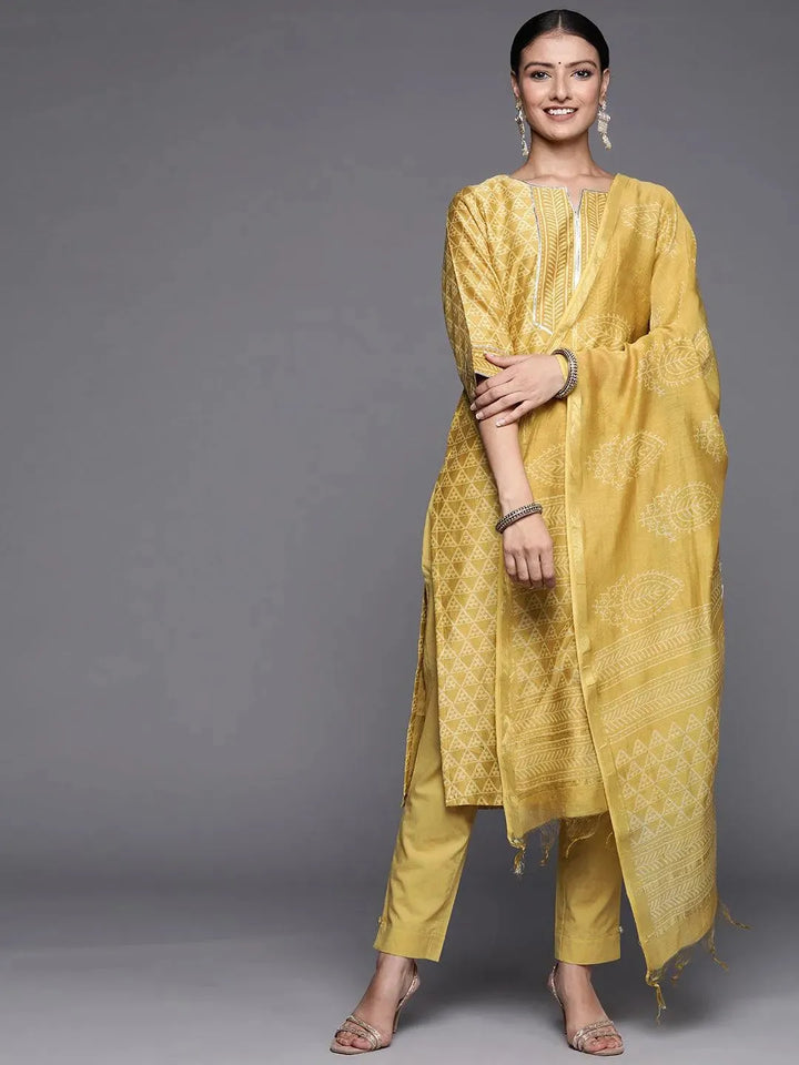 Yellow Printed Chanderi Silk Straight Suit Set - Libas