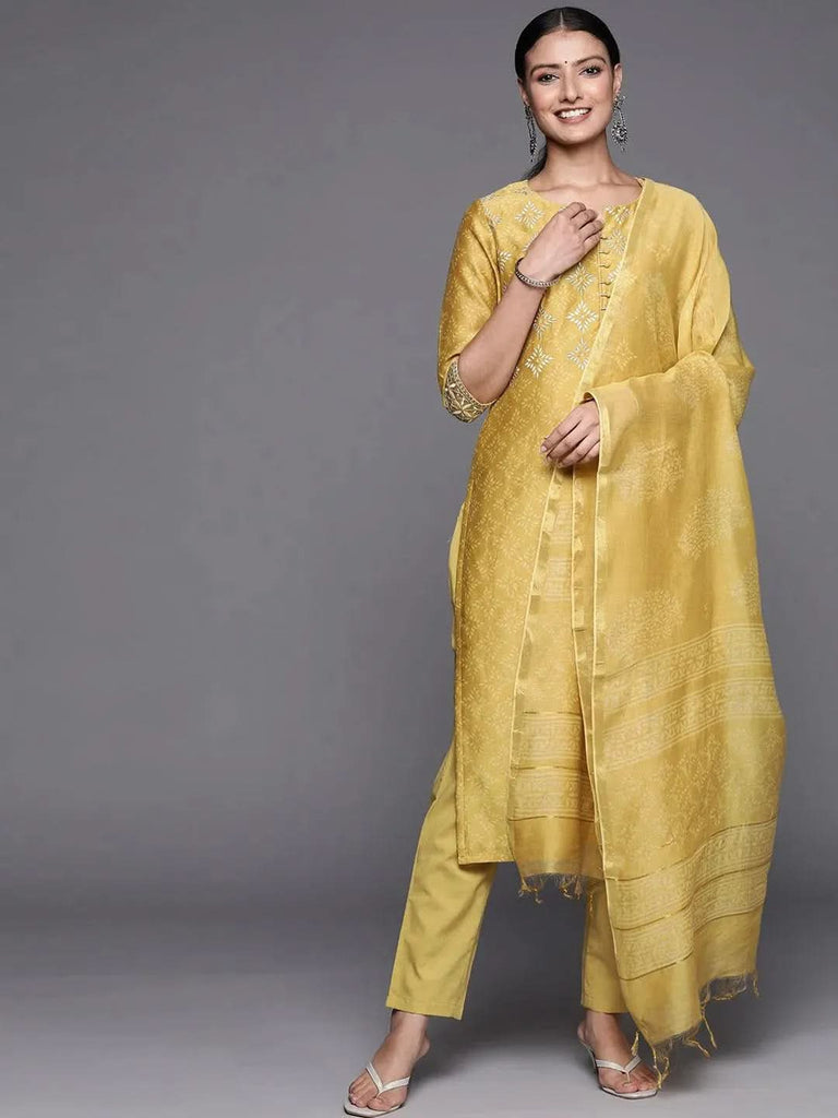 Libas Yellow Printed Chanderi Silk Straight Kurta With Dupatta