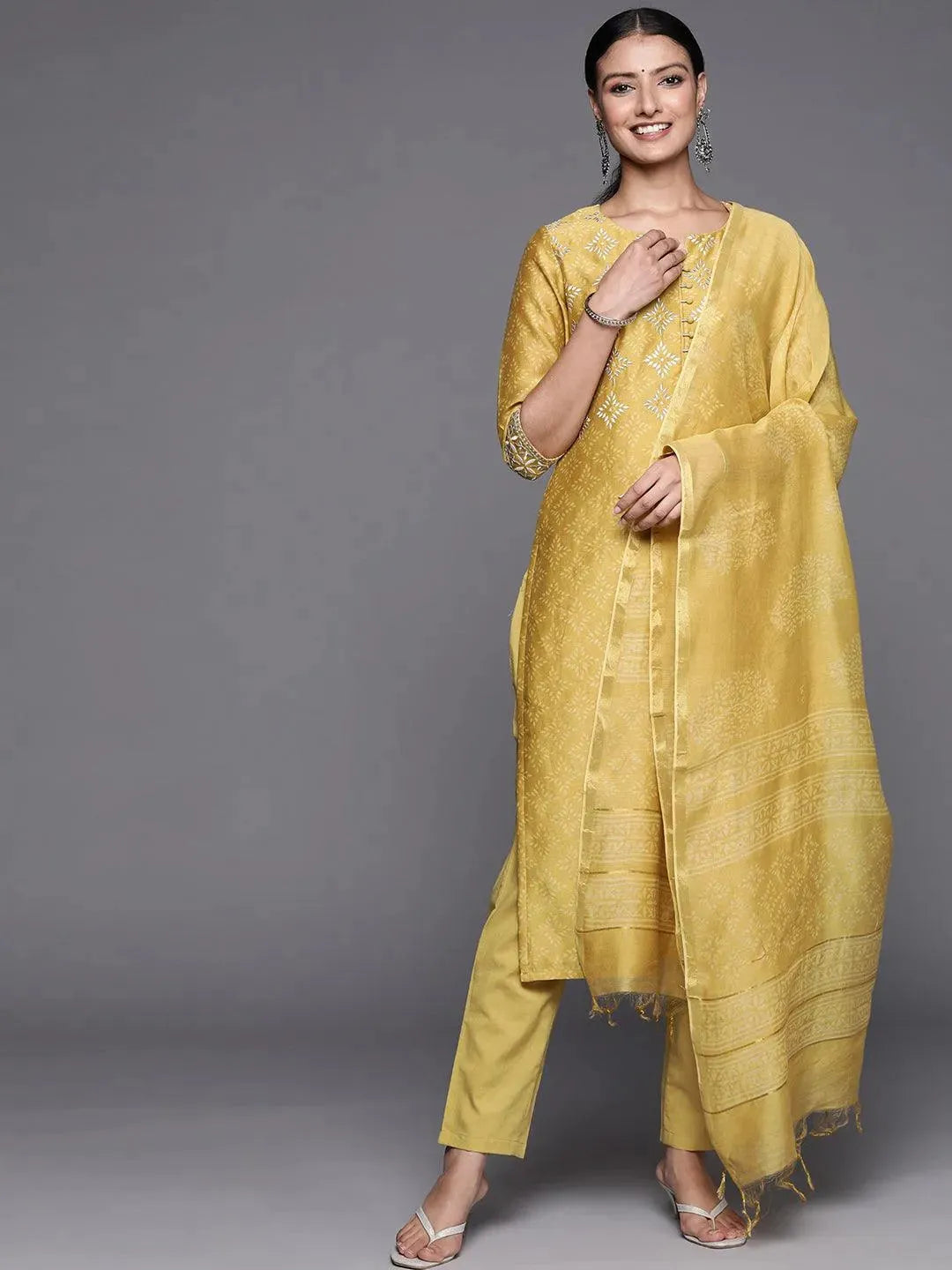 Yellow Printed Chanderi Silk Straight Suit Set - Libas