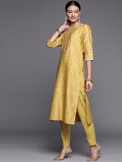 Yellow Printed Chanderi Silk Straight Suit Set - Libas