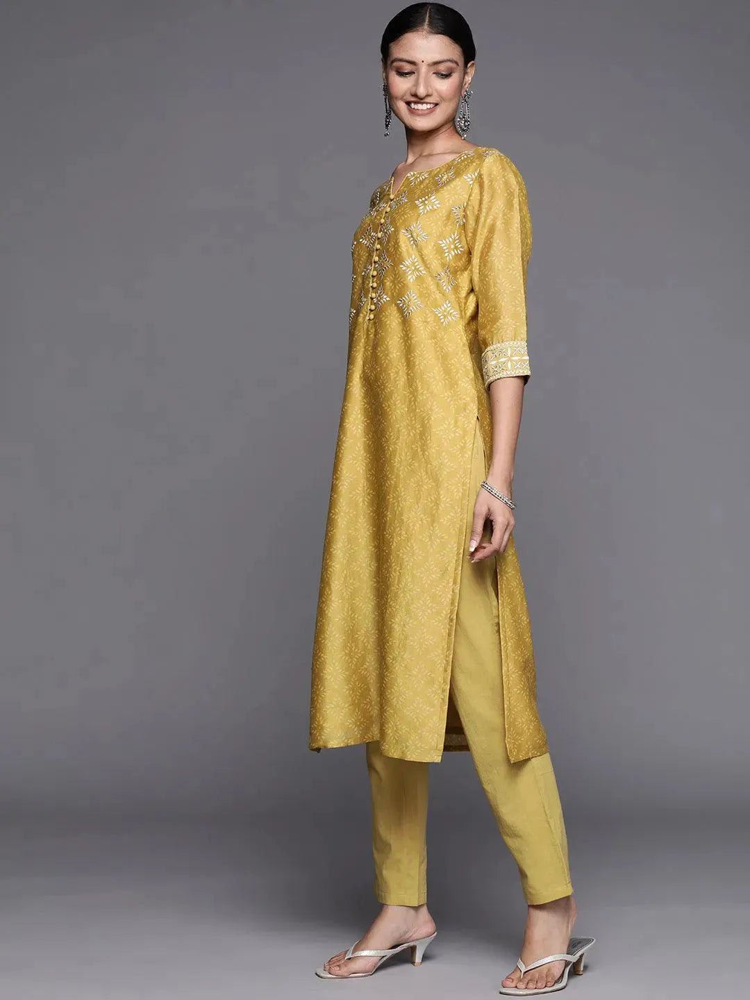 Yellow Printed Chanderi Silk Straight Suit Set - Libas 