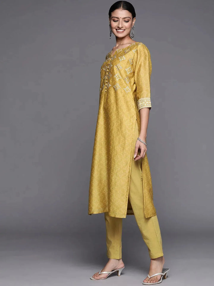 Yellow Printed Chanderi Silk Straight Suit Set - Libas