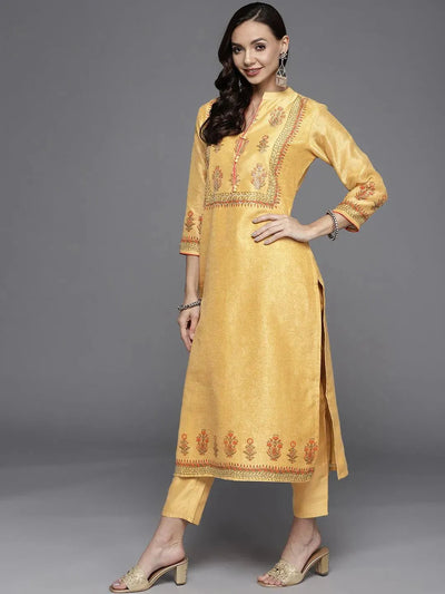 Yellow Printed Chanderi Silk Straight Suit Set - Libas