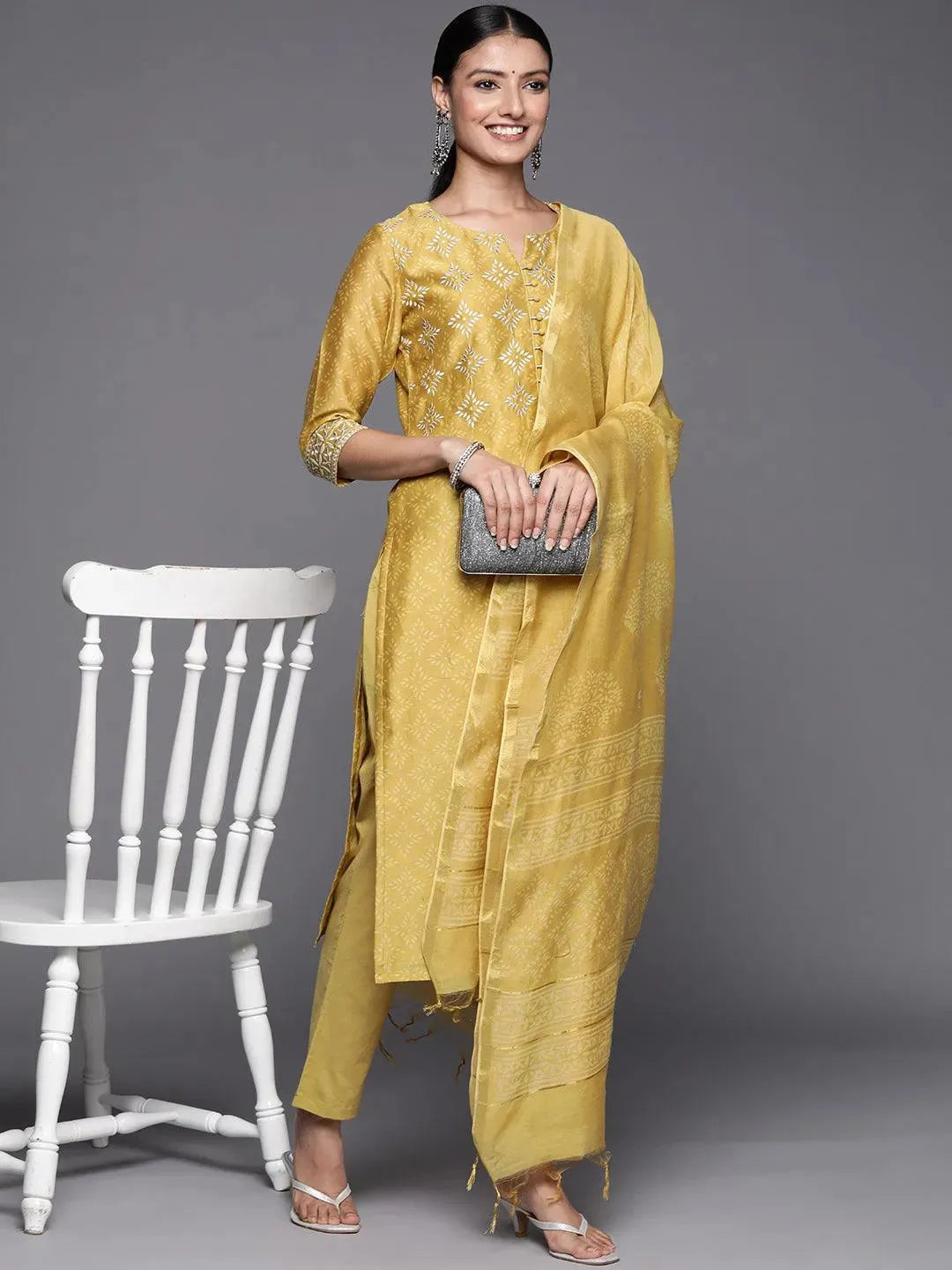 Yellow Printed Chanderi Silk Straight Suit Set - Libas