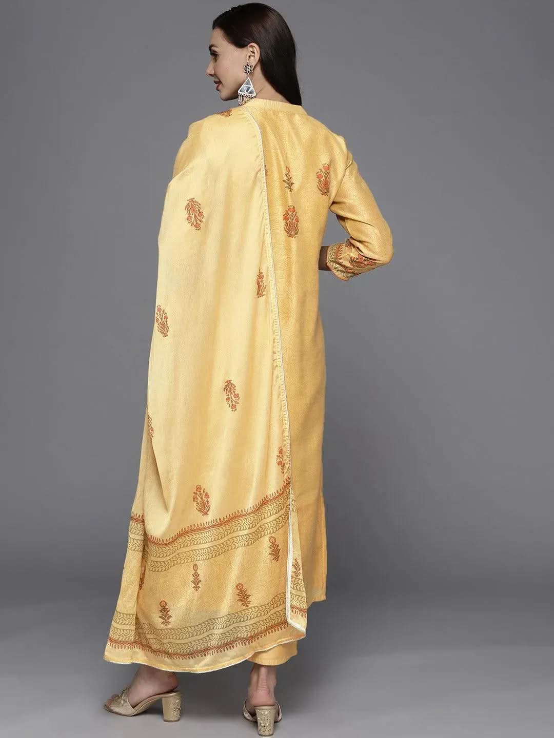 

Yellow Printed Chanderi Silk Straight Kurta With Dupatta