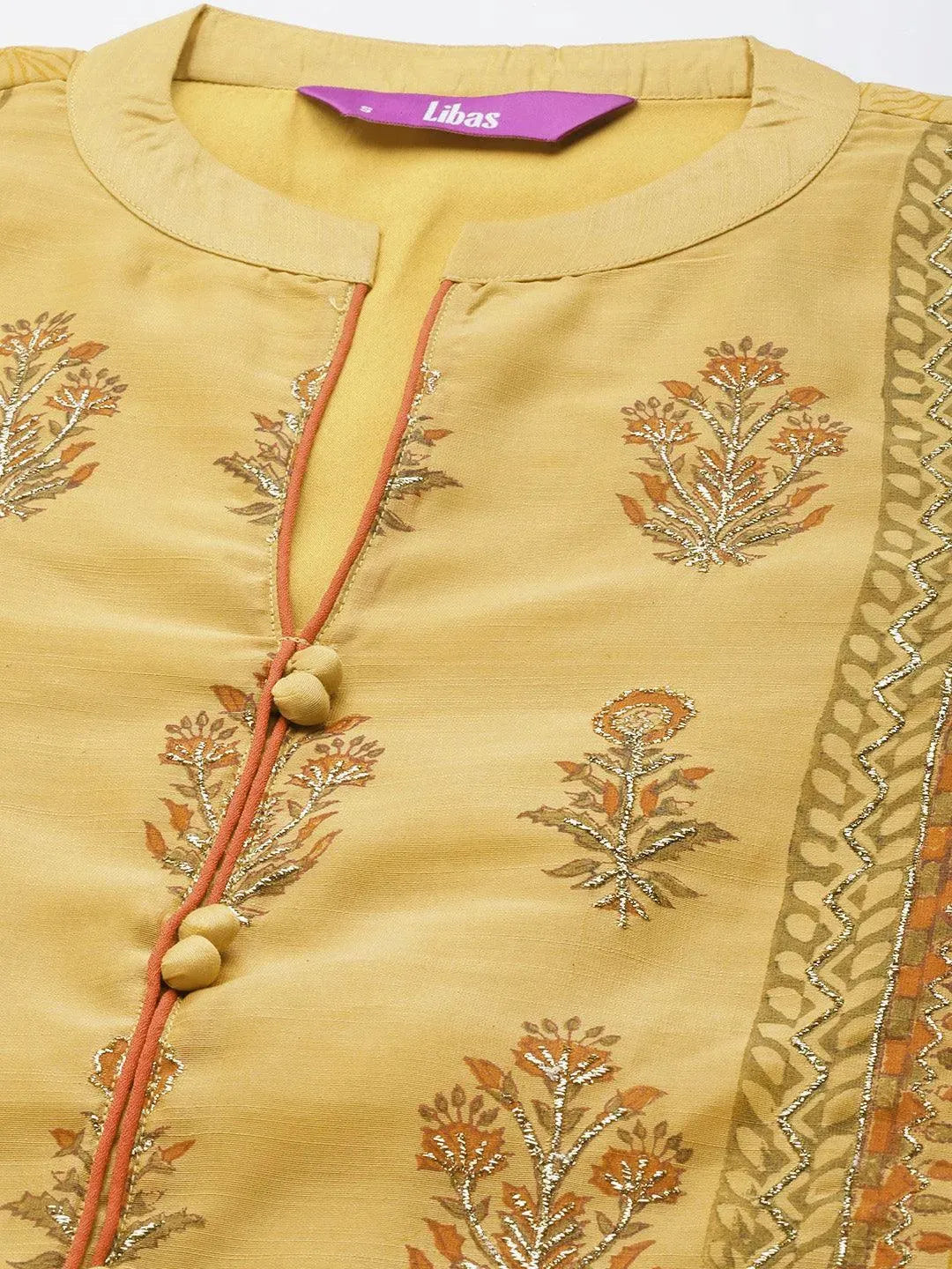 Yellow Printed Chanderi Silk Straight Suit Set - Libas