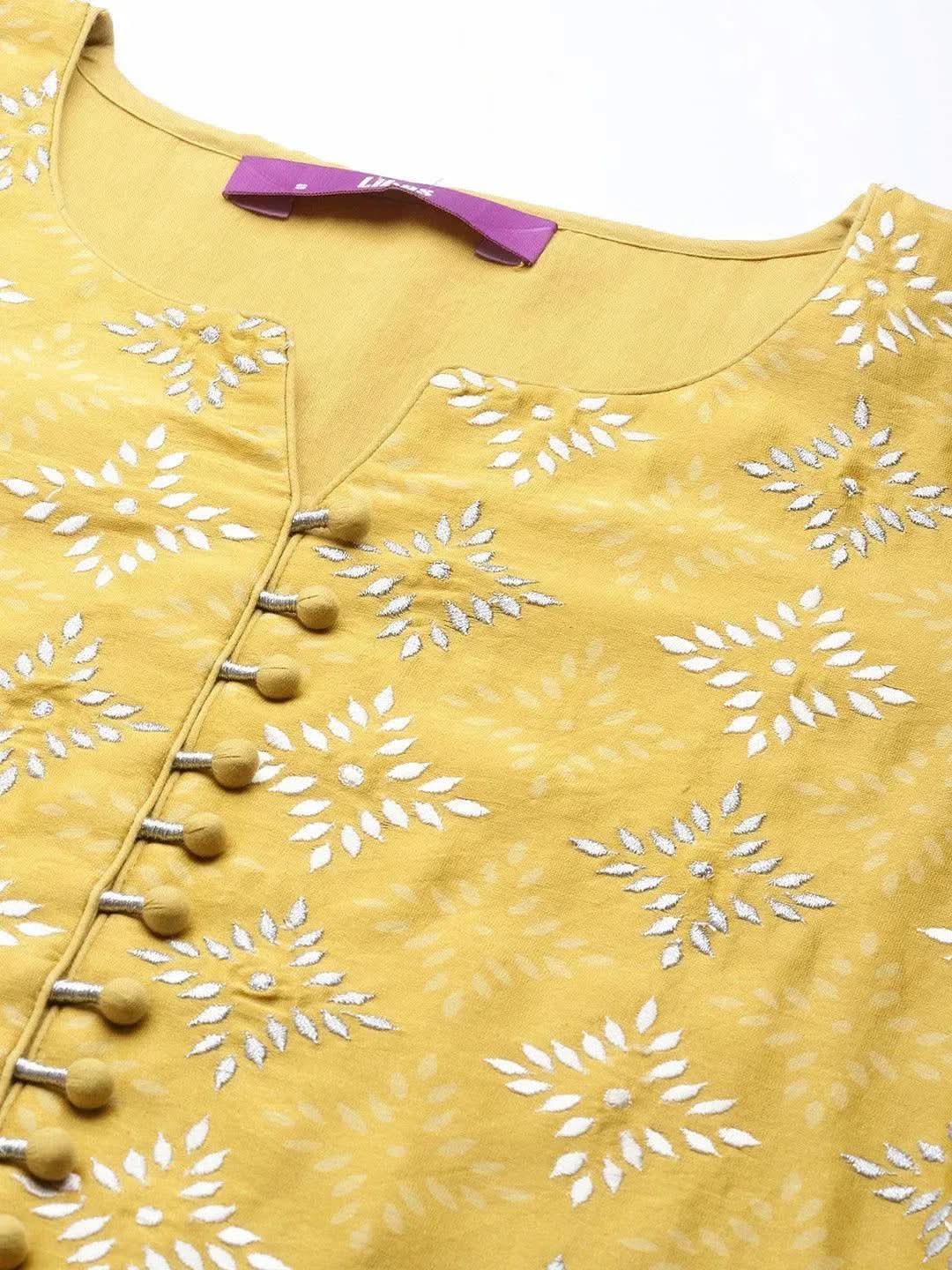 

Yellow Printed Chanderi Silk Straight Kurta With Dupatta