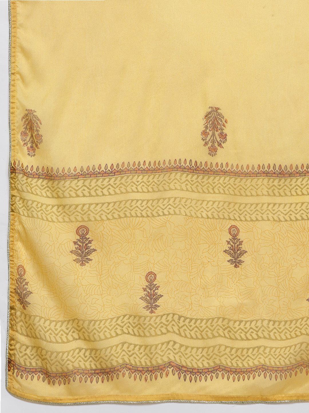 Yellow Printed Chanderi Silk Straight Kurta With Dupatta