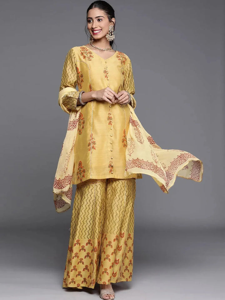 Yellow Printed Chanderi Silk Suit Set - Libas