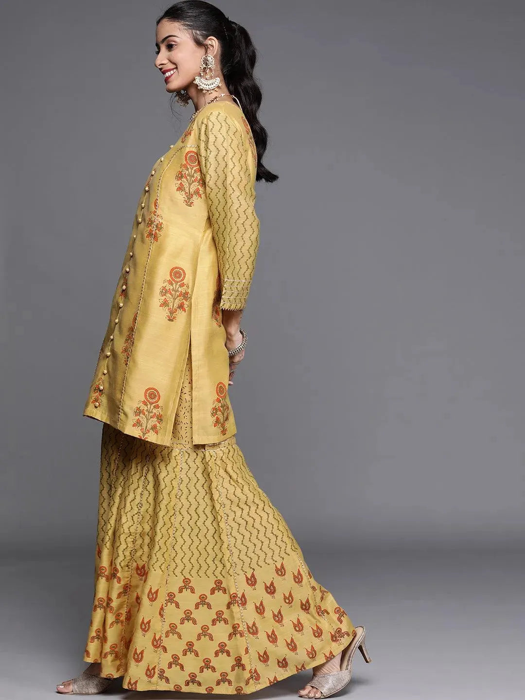 Yellow Printed Chanderi Silk Suit Set - Libas 