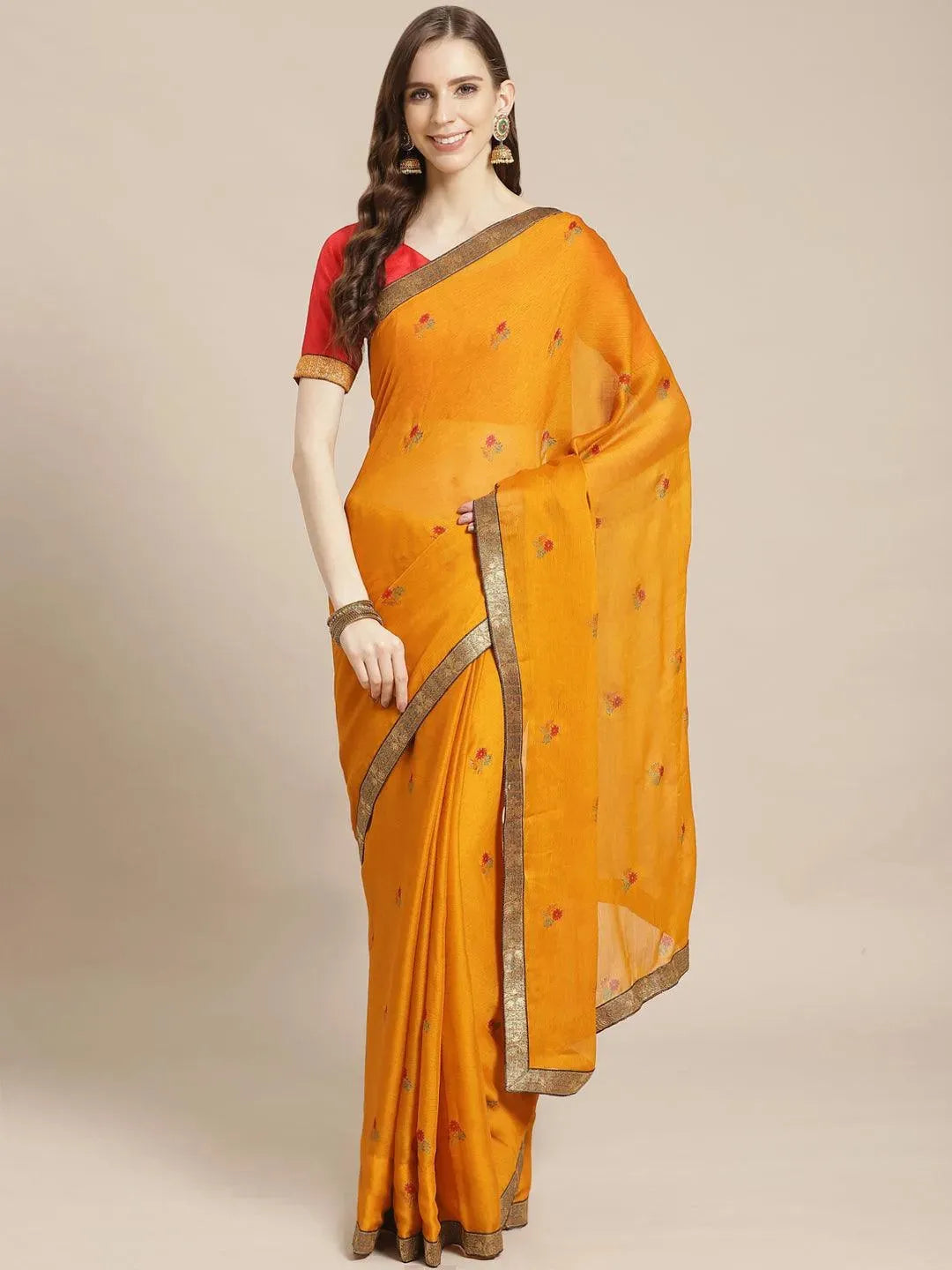 Yellow Printed Chiffon Saree - Libas