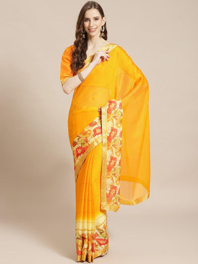 Yellow Printed Chiffon Saree - Libas