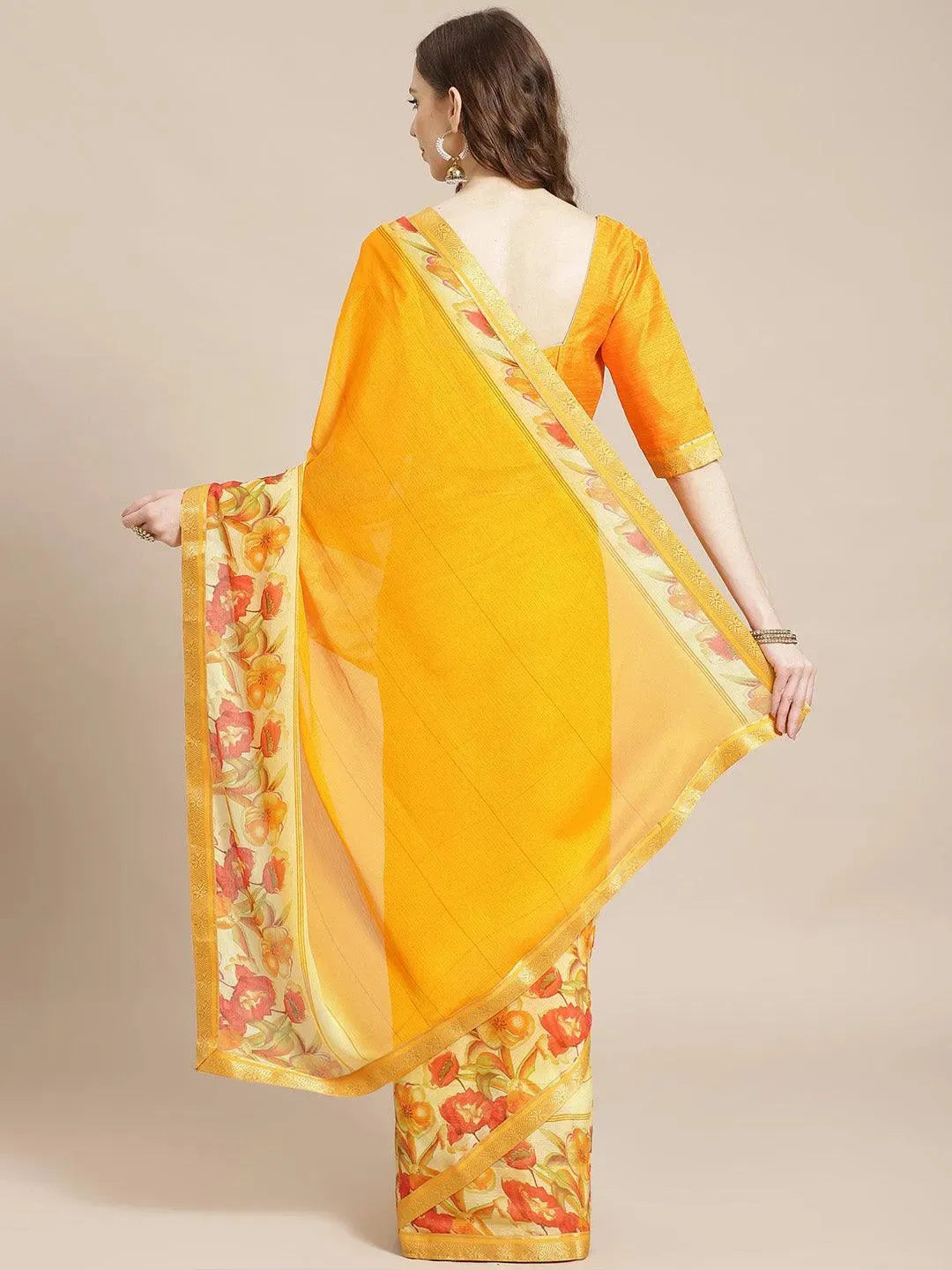 Yellow Printed Chiffon Saree - Libas 