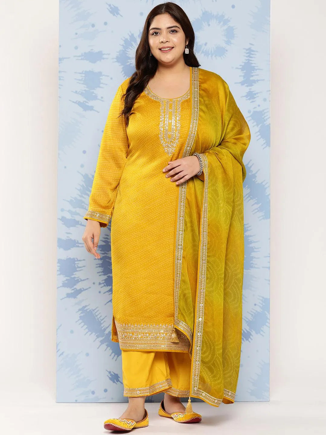 Yellow Printed Chiffon Straight Kurta With Trousers and Dupatta-image-27