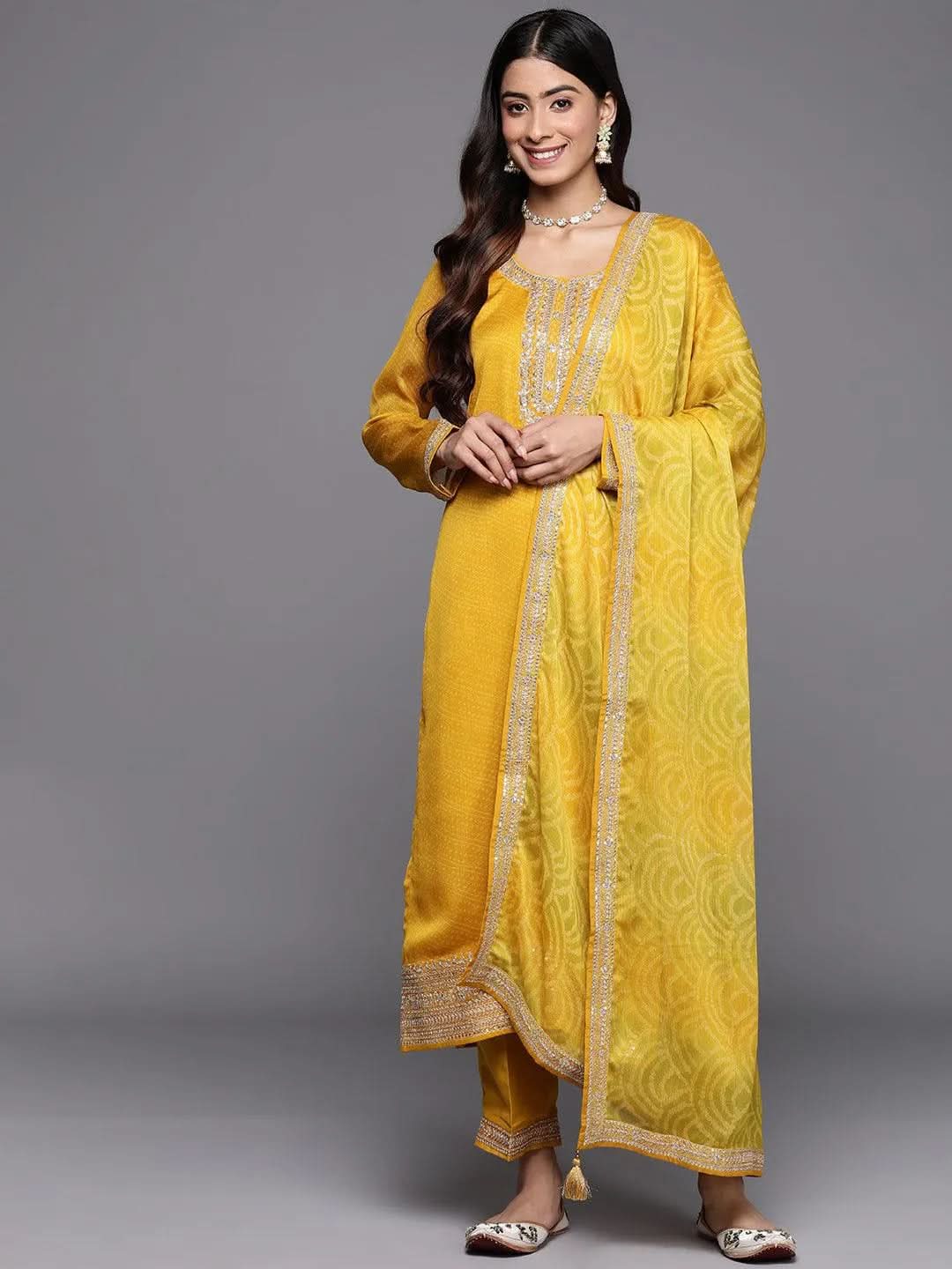 

Yellow Printed Chiffon Straight Kurta With Trousers & Dupatta
