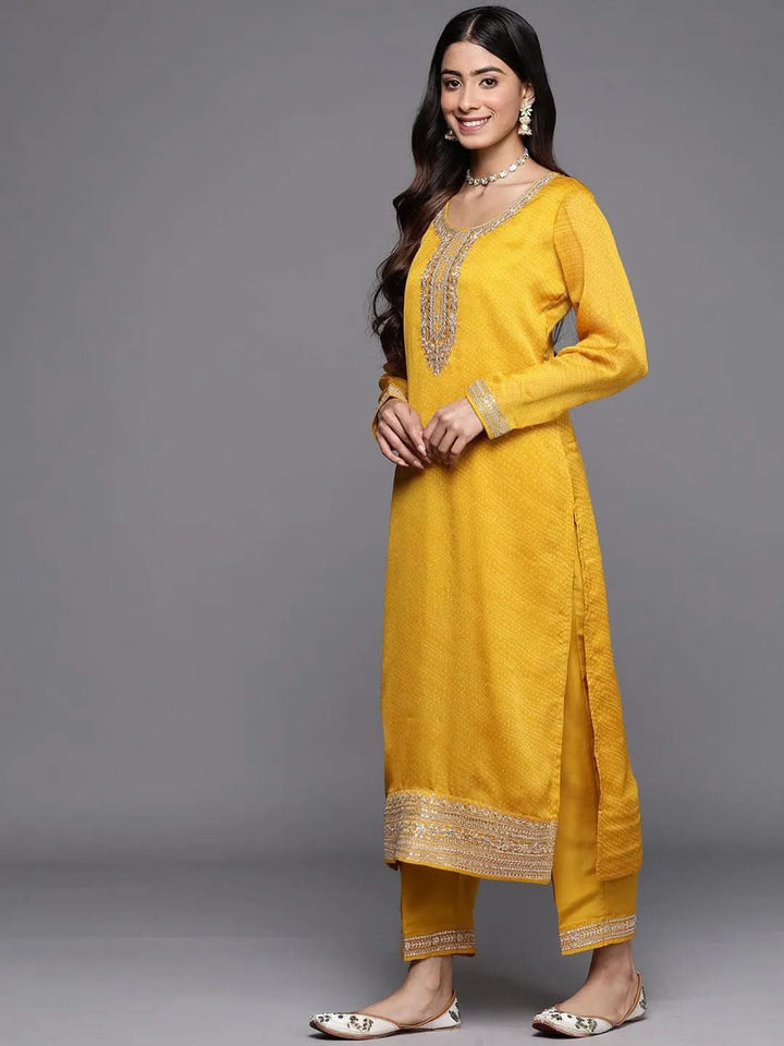 Yellow Printed Chiffon Straight Suit Set With Trousers - Libas