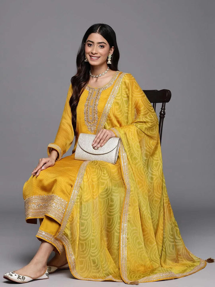 Yellow Printed Chiffon Straight Suit Set With Trousers - Libas