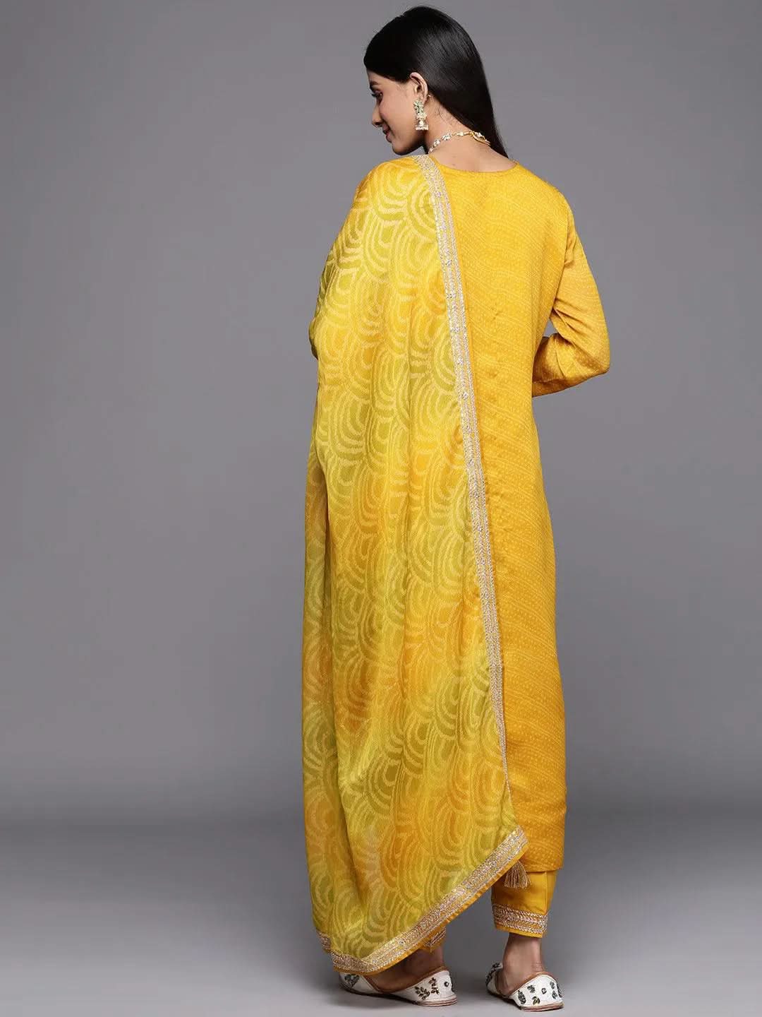 Yellow Printed Chiffon Straight Suit Set With Trousers - Libas 