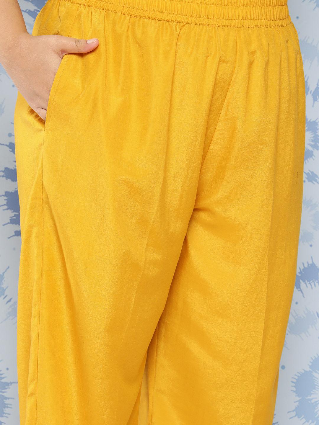 Yellow Printed Chiffon Straight Kurta With Trousers and Dupatta