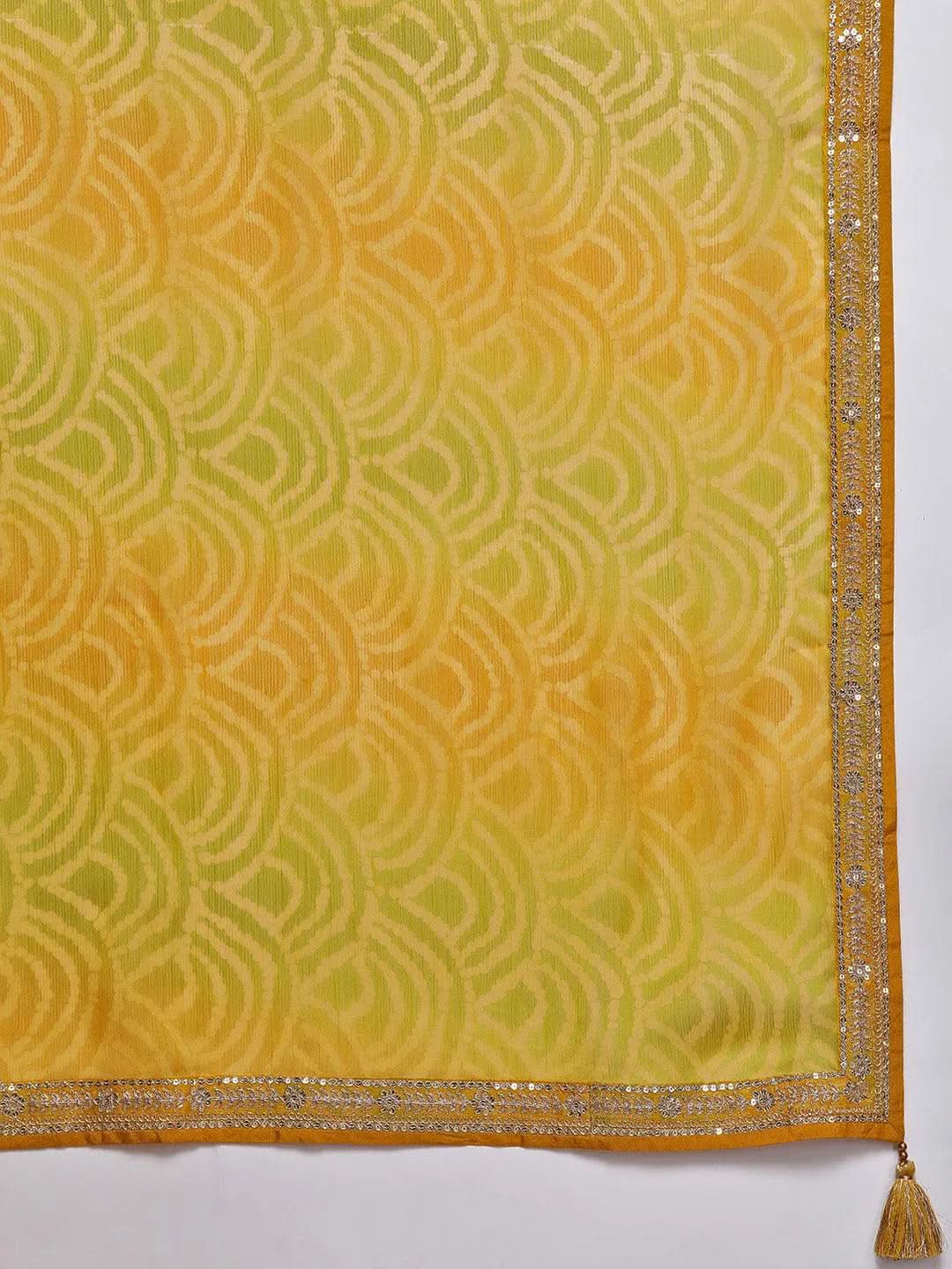 Yellow Printed Chiffon Straight Suit Set With Trousers - Libas 