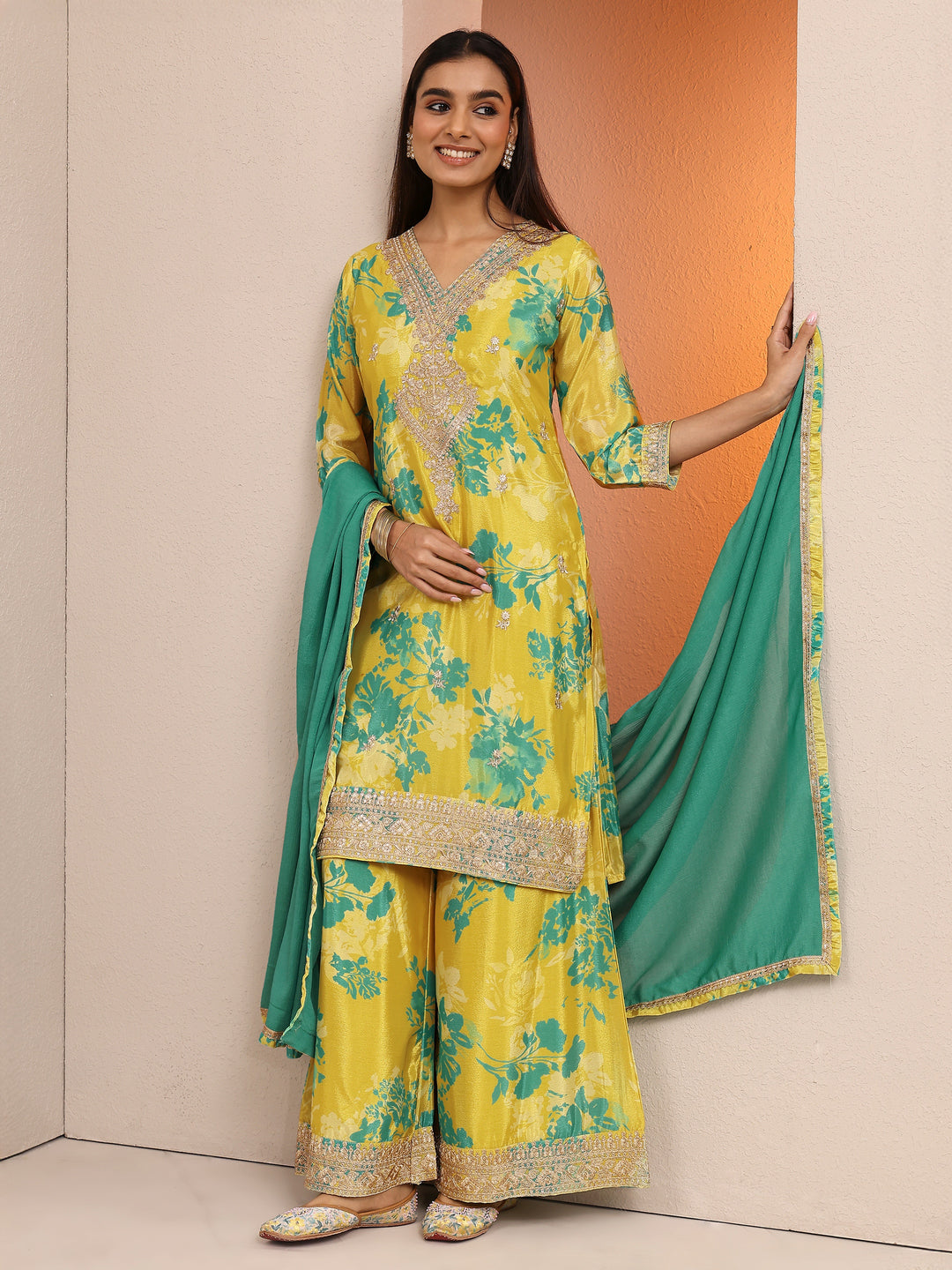 Yellow Printed Chinon Straight Suit Set With Dupatta