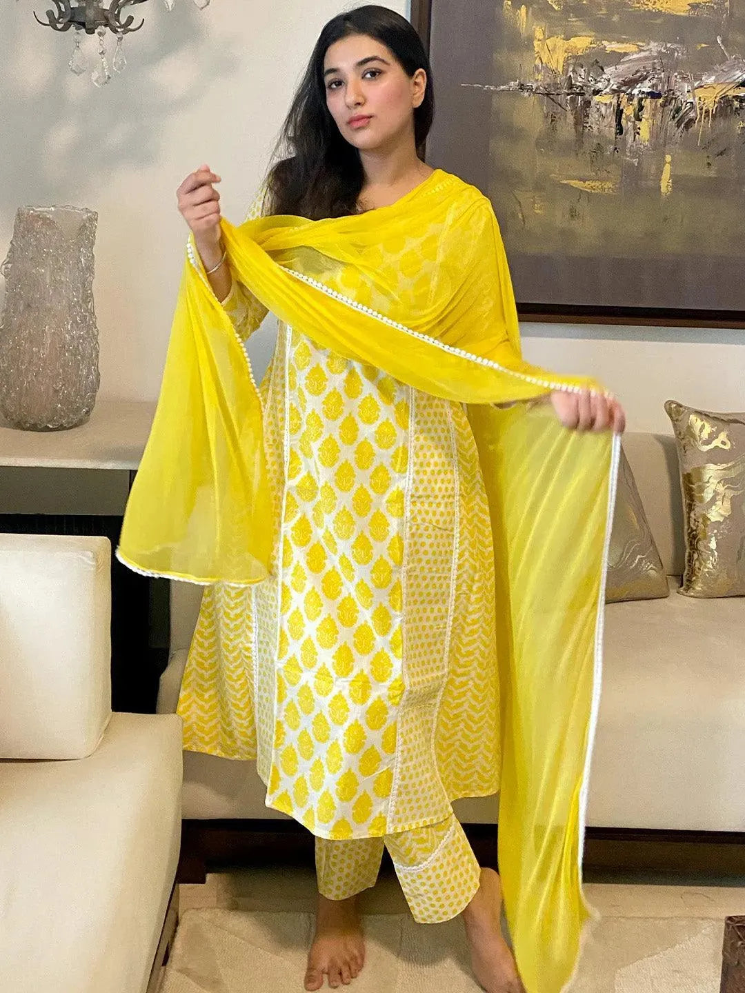 Yellow Printed Cotton Suit Set - Libas