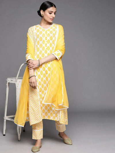 Yellow Printed Cotton Suit Set - Libas