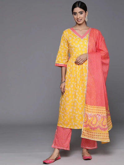 Yellow Printed Cotton A-Line Kurta With Palazzos & Dupatta - Libas