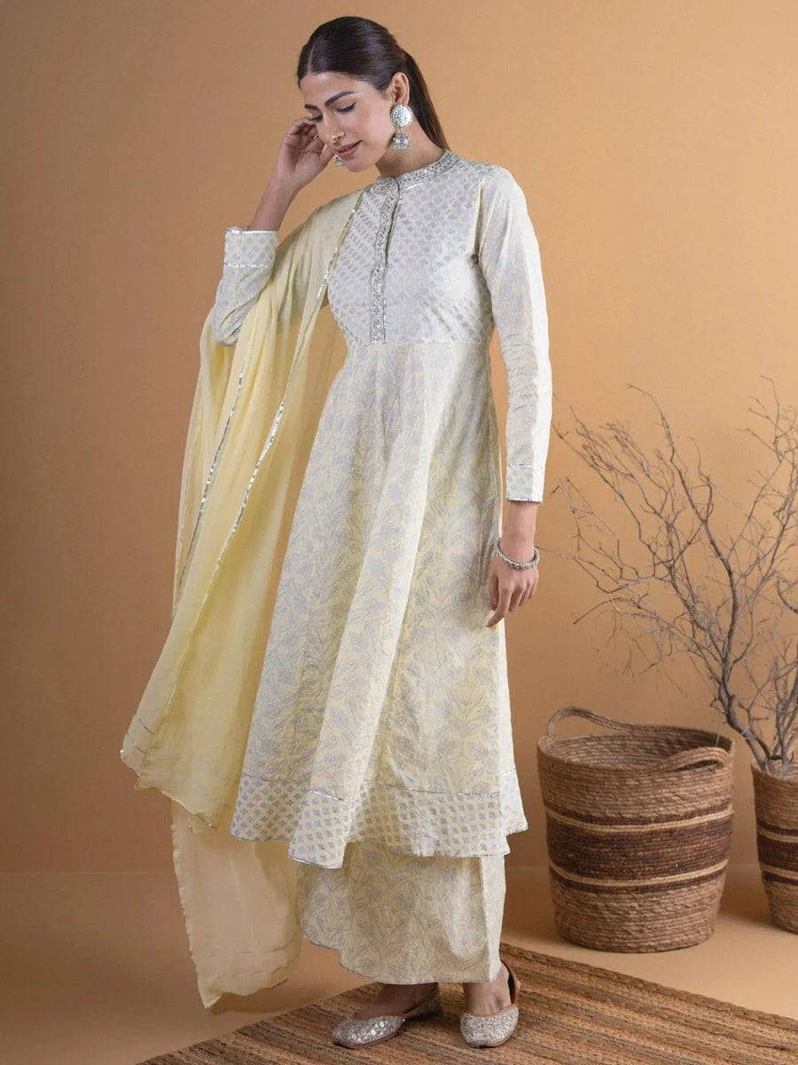 Yellow - Jacquard Cotton A-Line Kurta 15