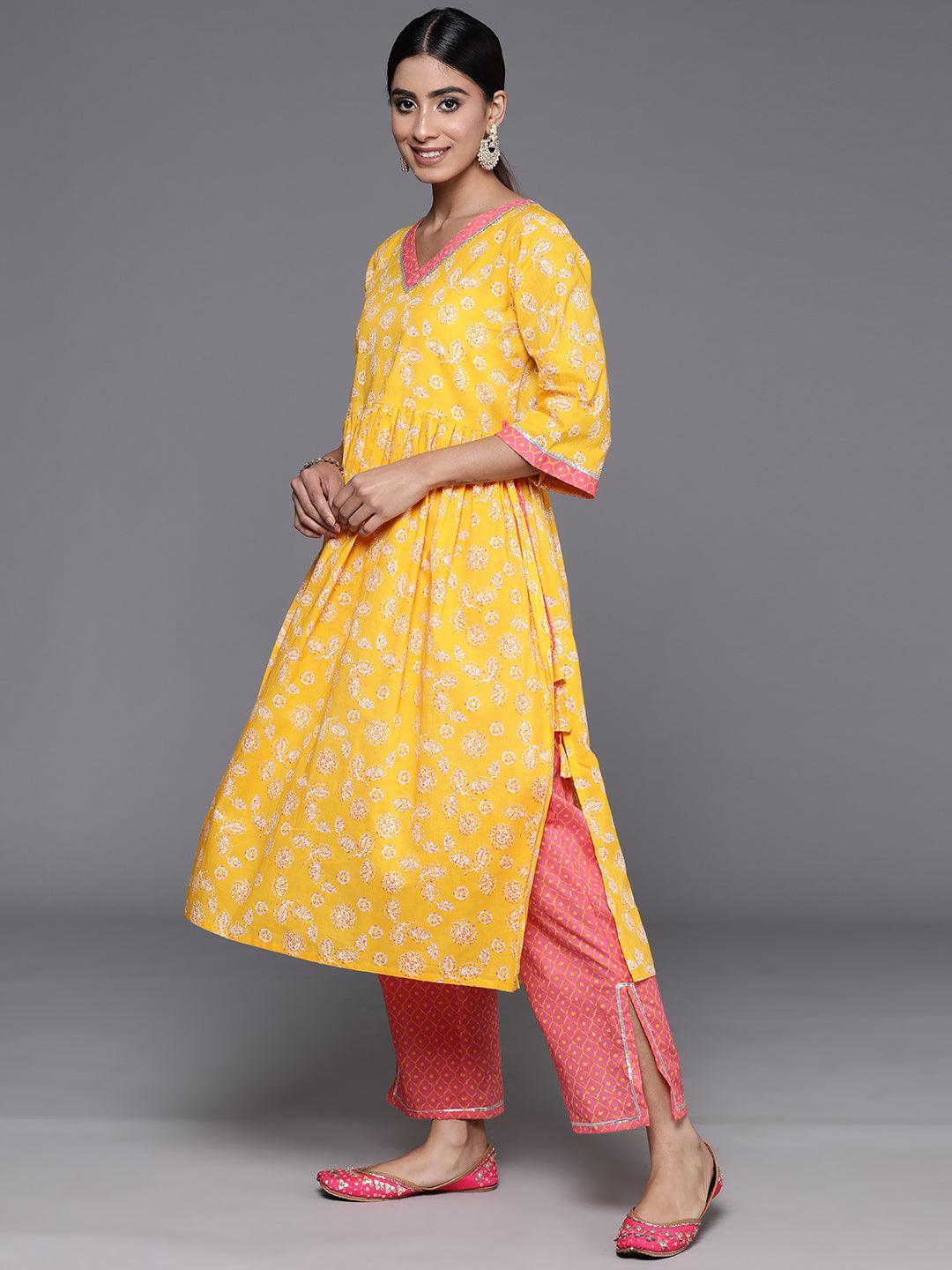 Pastel Yellow Printed Cotton Suit Set - Libas