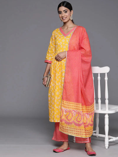 Yellow Printed Cotton A-Line Kurta With Palazzos & Dupatta - Libas