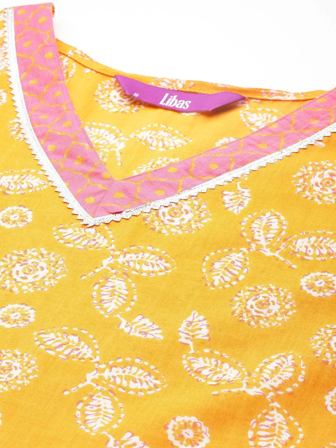 Yellow Printed Cotton A-Line Kurta With Palazzos & Dupatta - Libas