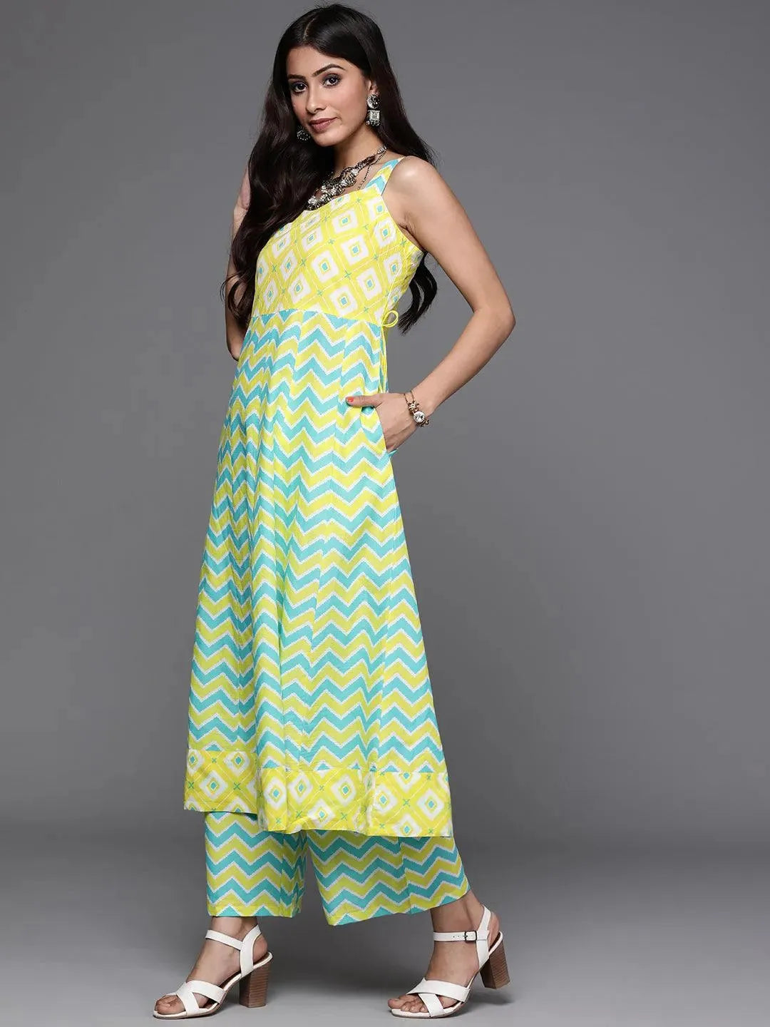 Yellow Printed Cotton Kurta Set - Libas 