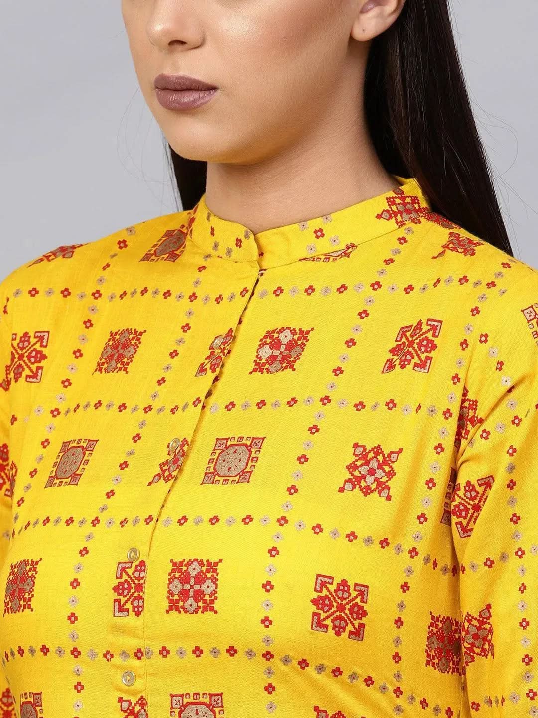 

Yellow Printed Cotton A-Line Kurta With Palazzos