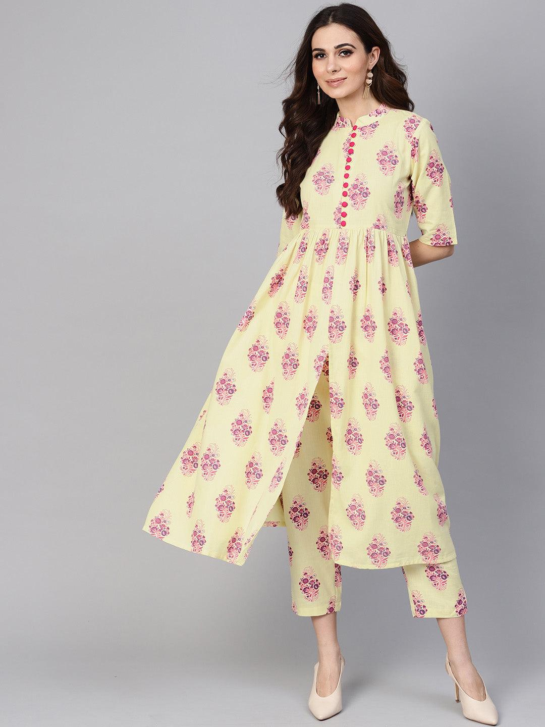 Yellow Printed Cotton A-Line Kurta With Trousers