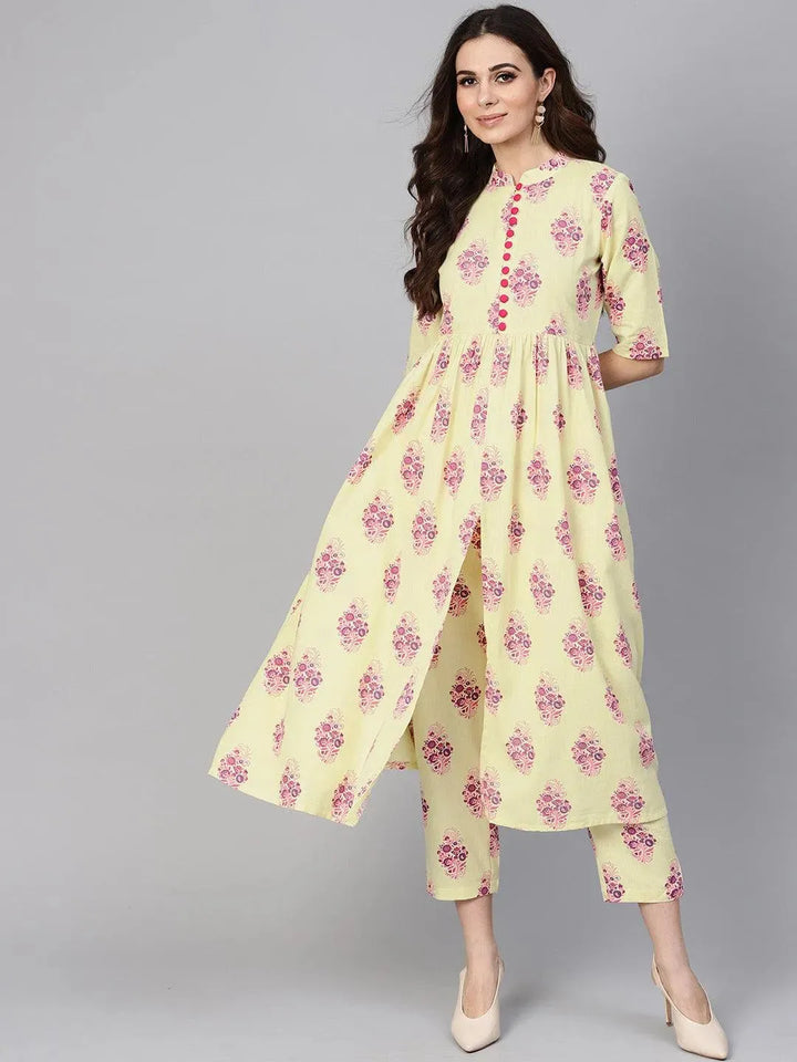 Yellow Printed Cotton Kurta Set - Libas