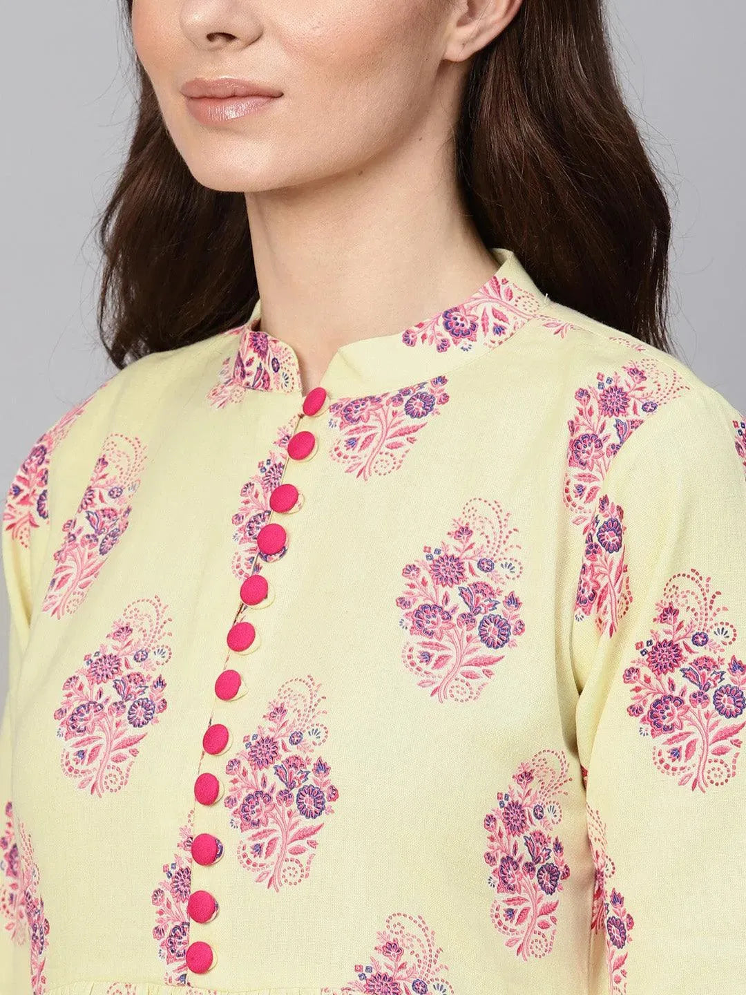 Yellow Printed Cotton Kurta Set - Libas 