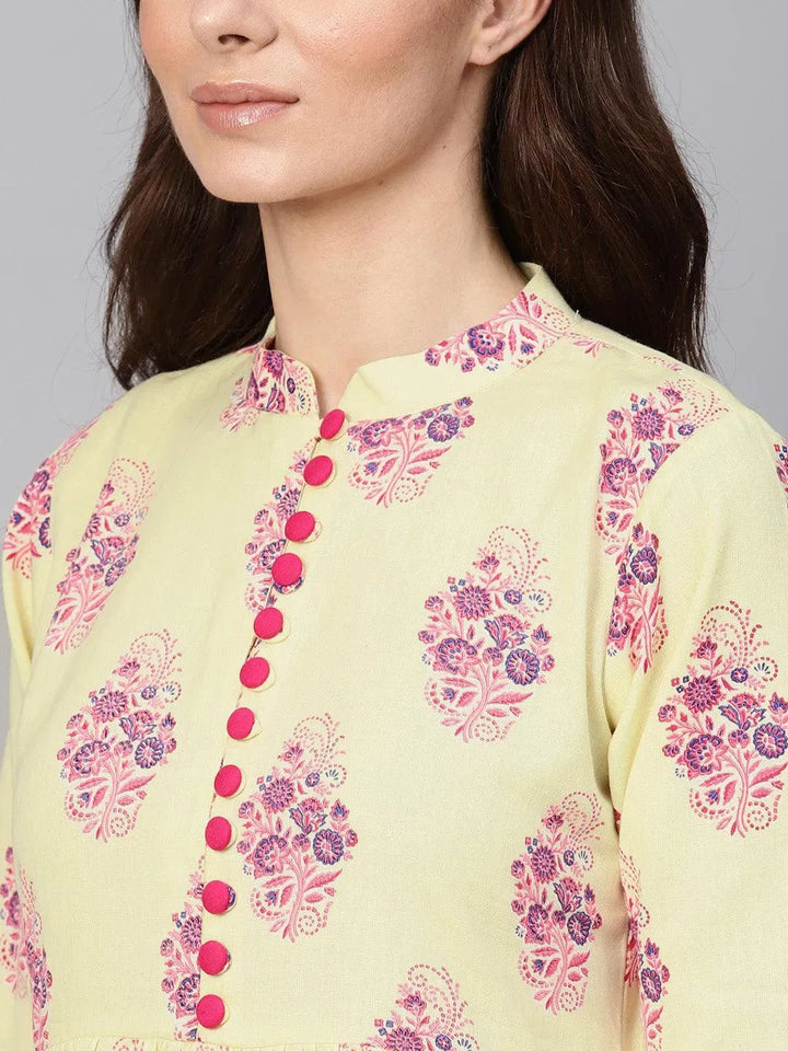 Yellow Printed Cotton Kurta Set - Libas