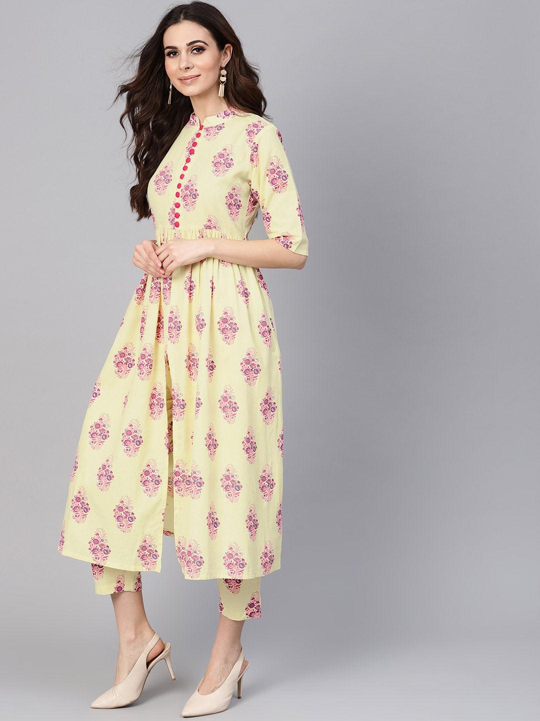 Yellow Printed Cotton A-Line Kurta With Trousers