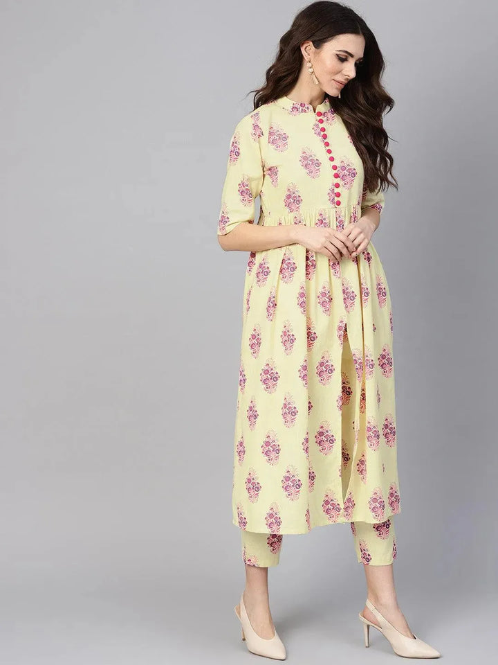 Yellow Printed Cotton Kurta Set - Libas