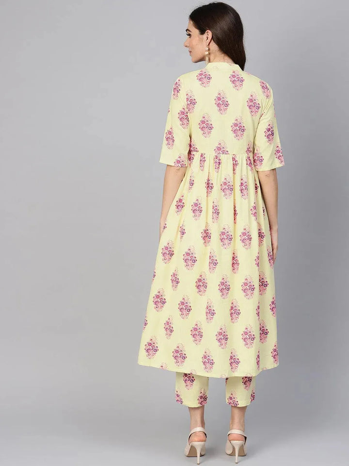Yellow Printed Cotton Kurta Set - Libas