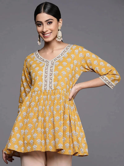 Yellow Printed Cotton A-Line Kurti - Libas