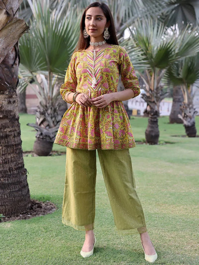 Yellow Printed Cotton A-Line Kurti - Libas