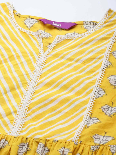 Yellow Printed Cotton A-Line Kurti - Libas