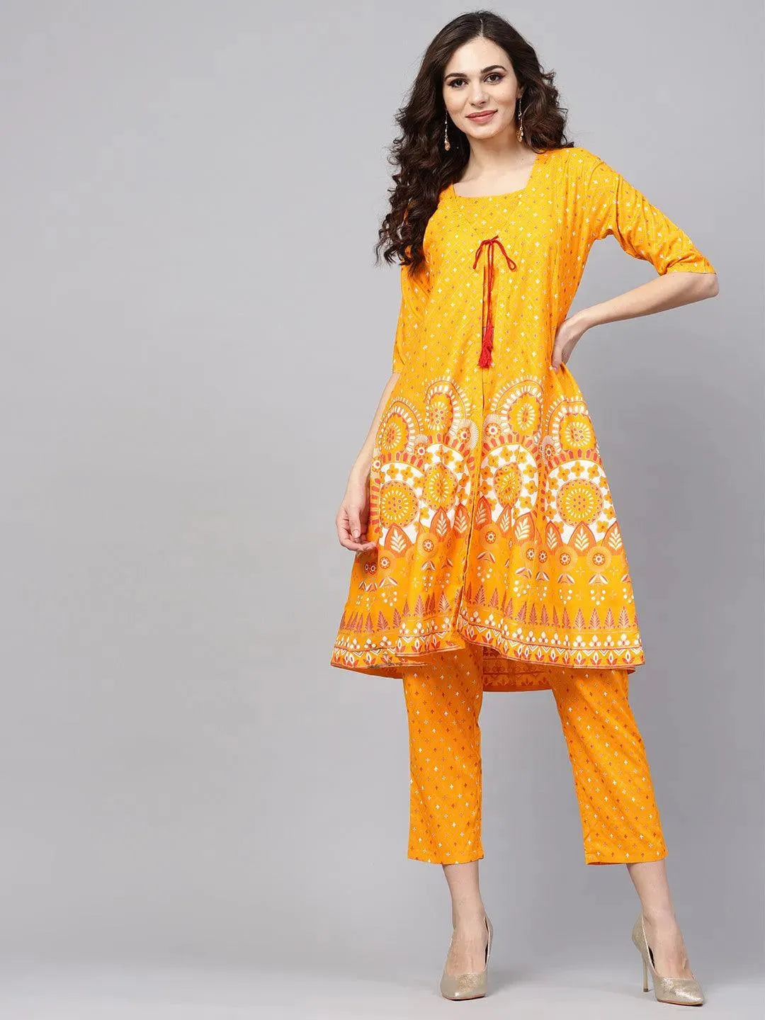 Yellow Printed Cotton Kurta Set With Jacket - Libas