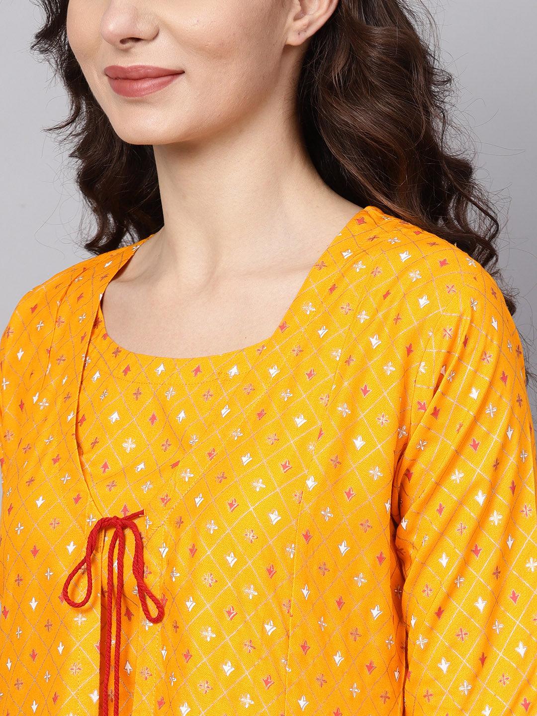 Yellow Printed Cotton Kurta Set With Jacket - Libas