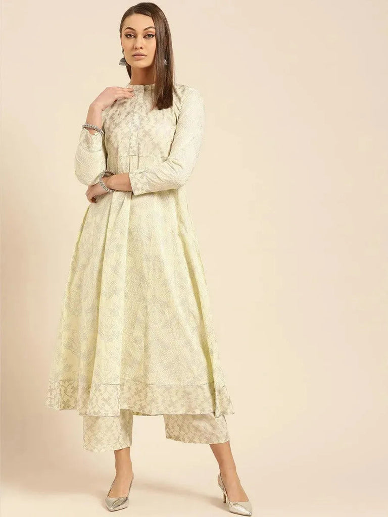 Libas Yellow Printed Cotton Anarkali Kurta With Palazzos