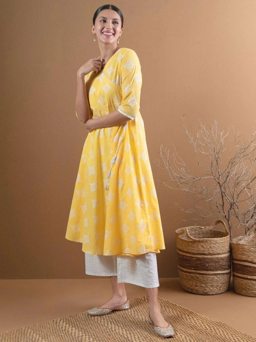 Yellow Printed Cotton Kurta Set - Libas 